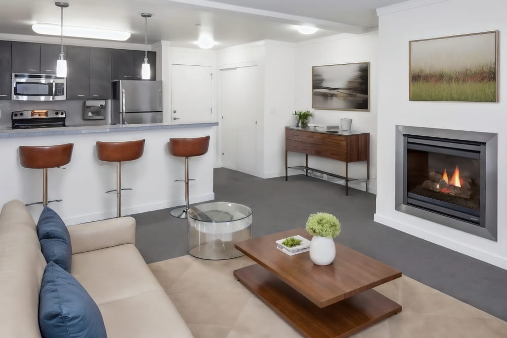 Living room with premium features at Bell Tower at Old Town Square in Wilsonville, Oregon