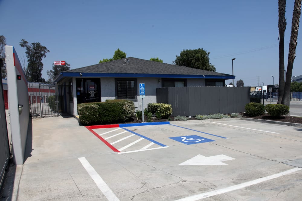 The leasing office, from outside, at Trojan Storage of Colton in Colton, California