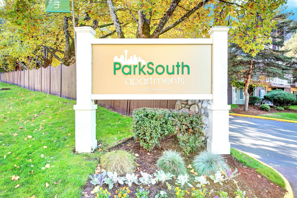 The front monument sign at Park South Apartments in Seattle, Washington