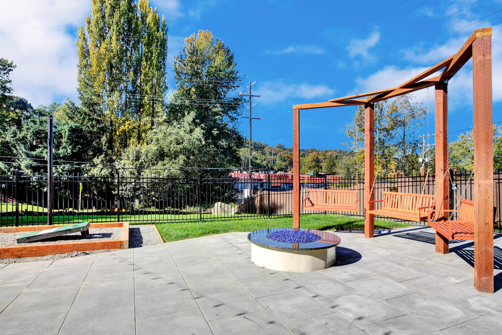 Corn hole near the fire pit area at Park South Apartments in Seattle, Washington