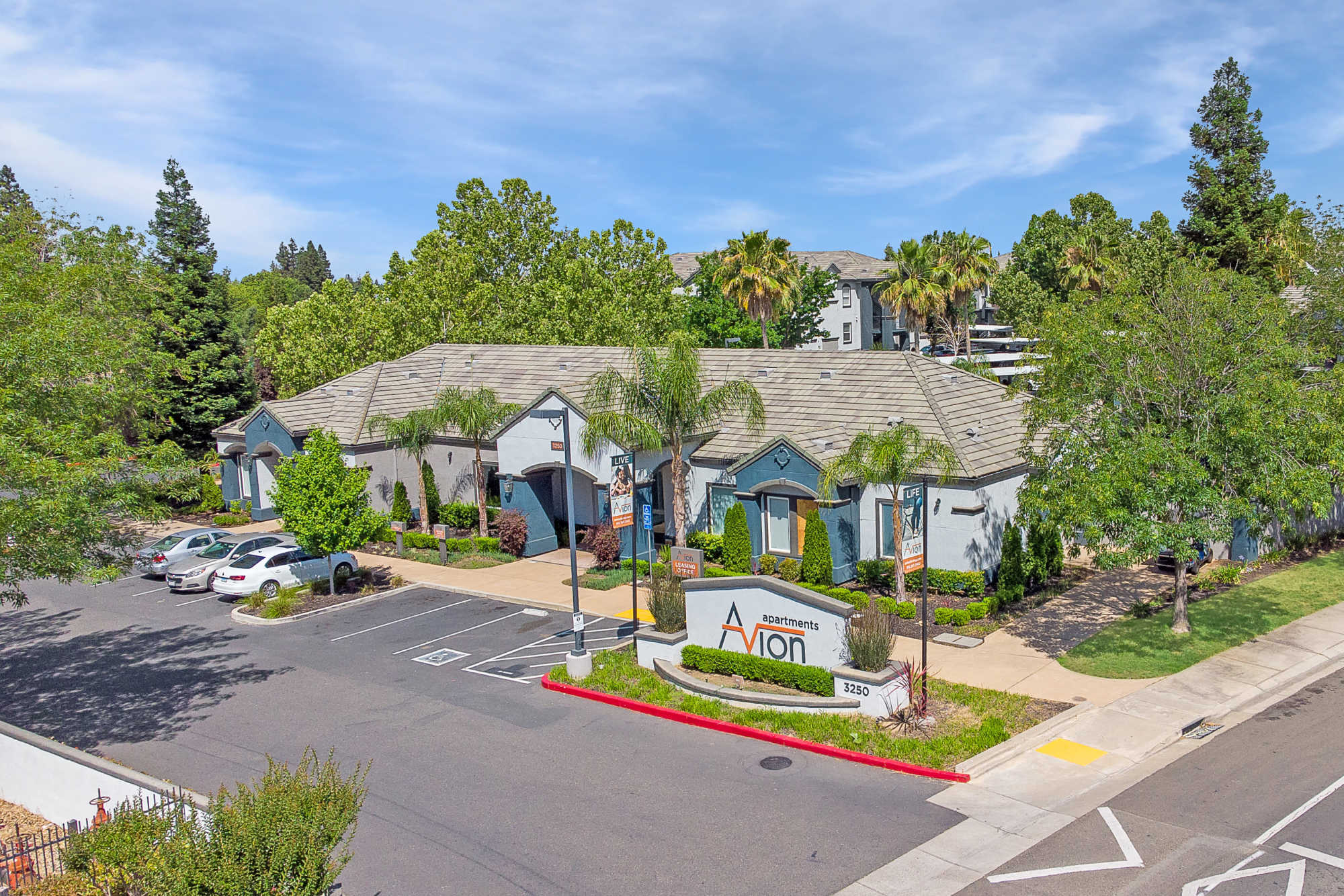 Close aerial shot of leasing office at Avion Apartments in Rancho Cordova, California