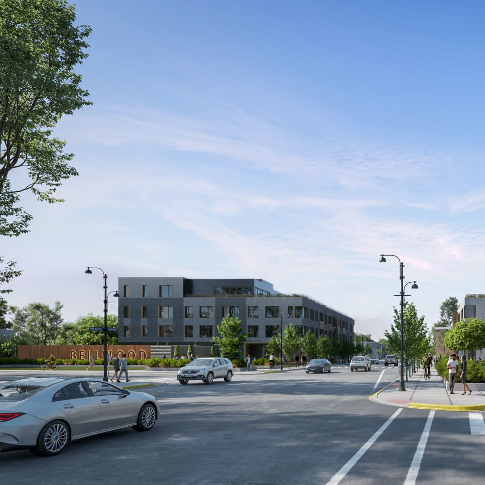 Modern urban streetscape with vibrant shops and green spaces at Bellwood Gateway Apartments in Bellwood, Illinois