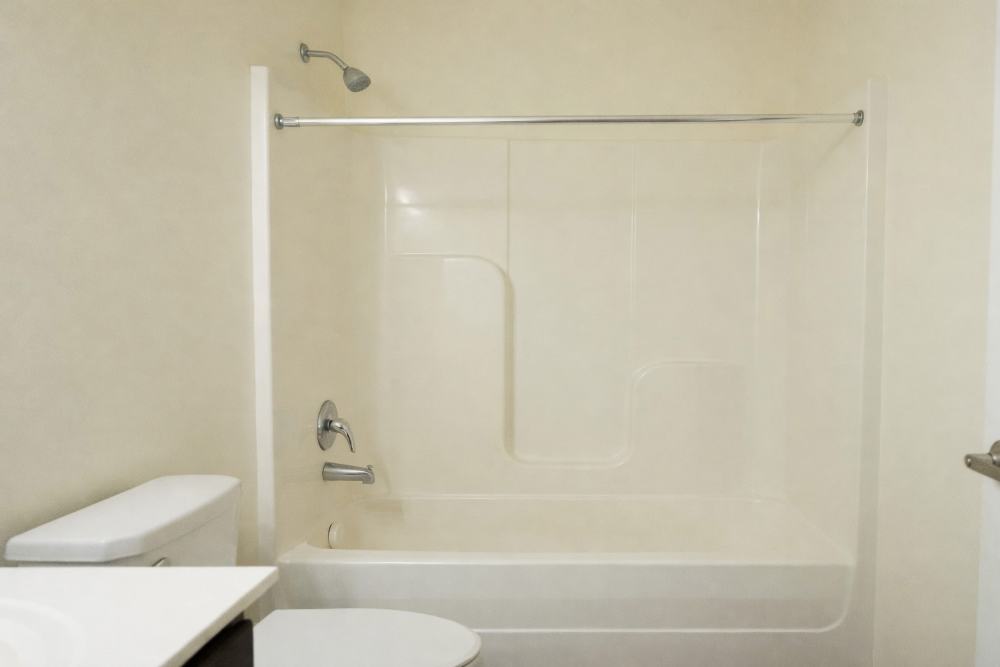 A view of the bathtub and shower at Fairway Breeze in El Reno. OK