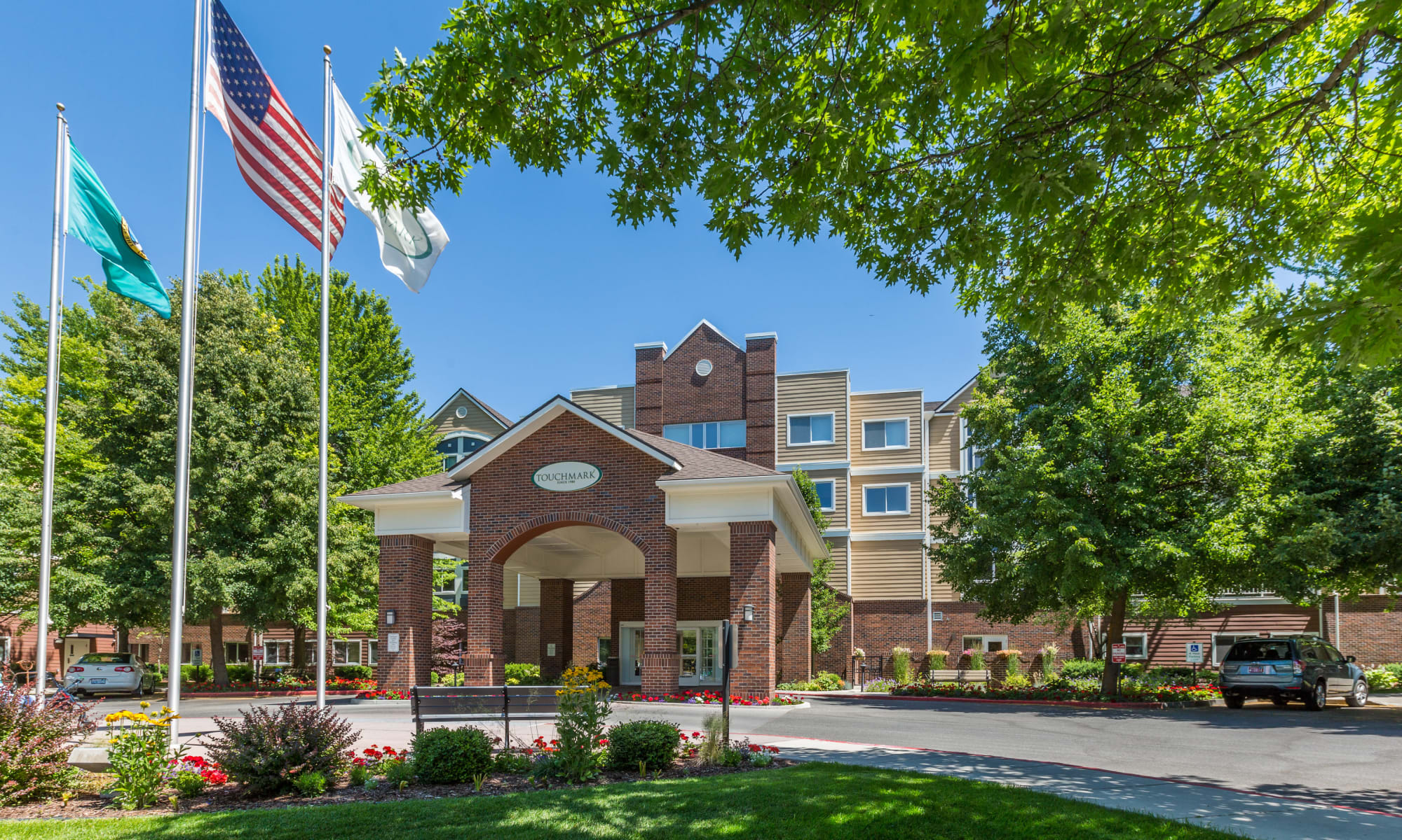 The building exterior and main entrance at Touchmark on South Hill in Spokane, Washington