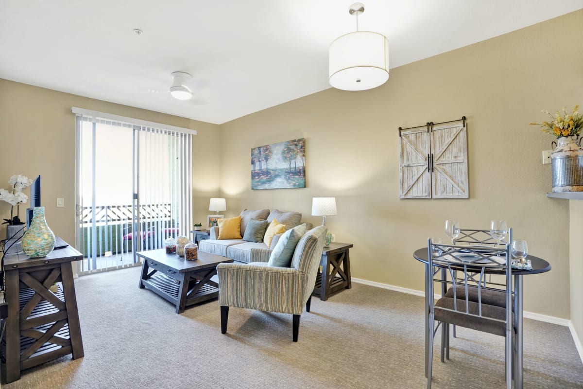 Cozy and serene living room in apartment at McDowell Village in Scottsdale, Arizona