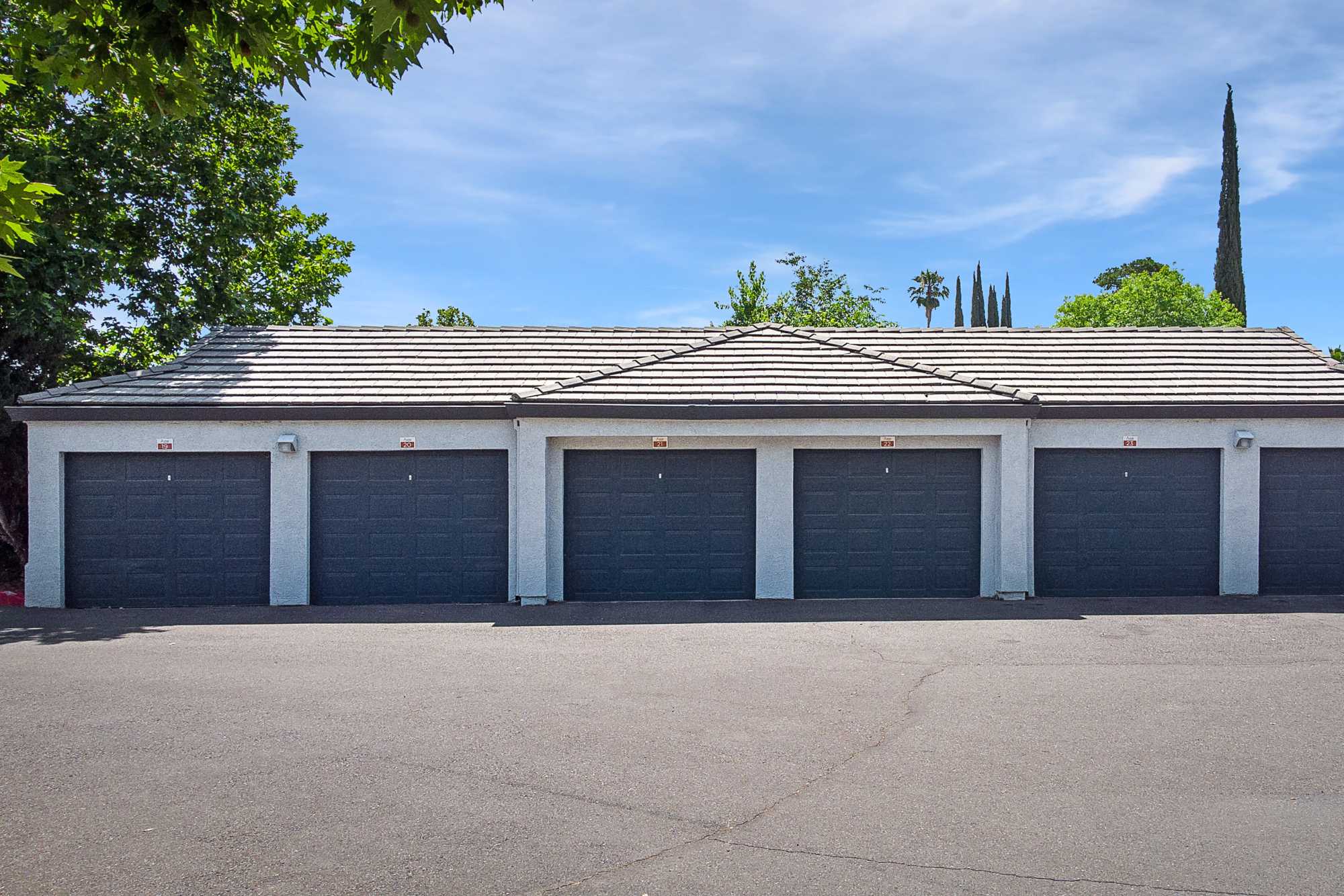 Outdoor garages at Avion Apartments in Rancho Cordova, California