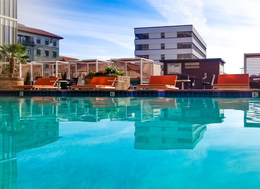 Pool with patio seating at Two50 Downtown in San Mateo, California