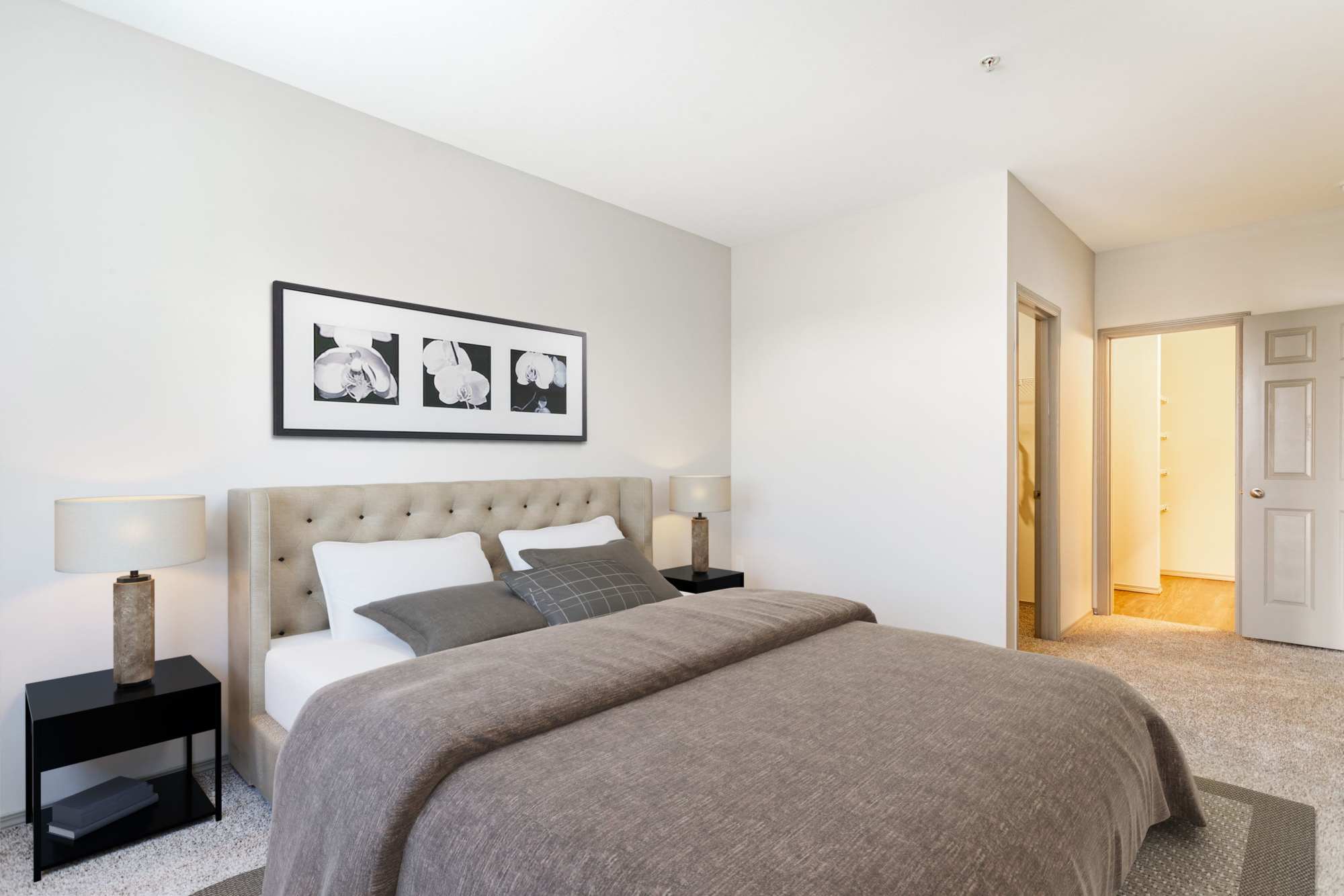 Spacious model bedroom at Brookside Village in Auburn, Washington