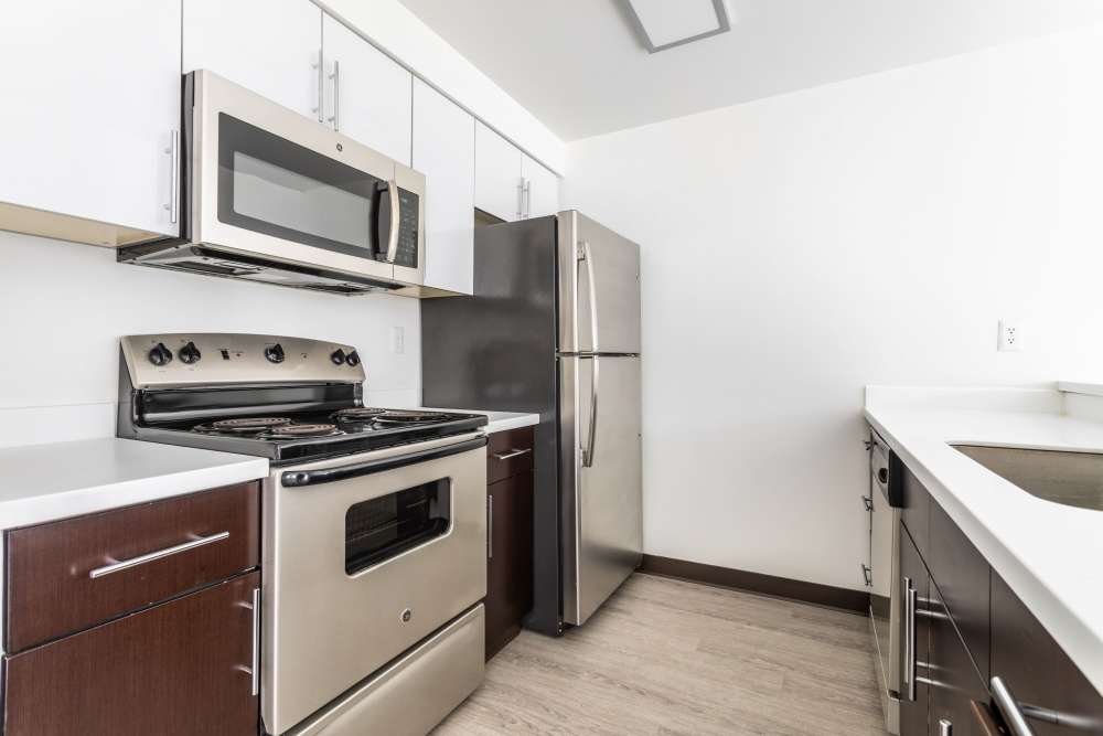 A modern kitchen with steel appliances at Elan 41 Apartments