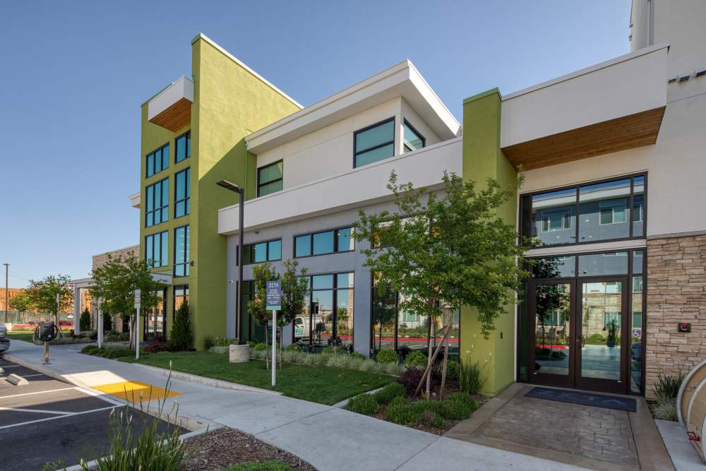 Exterior view of the clubhouse at Zeta Luxury Apartments in Sacramento, California