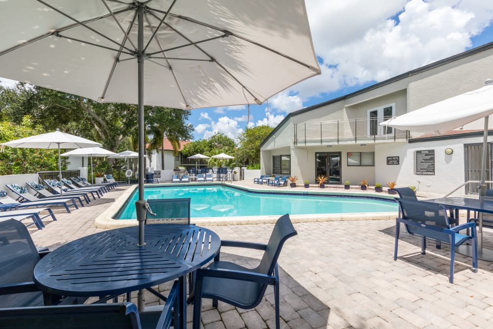 Pool deck with lounge chairs at Siena Apartments in Plantation, Florida