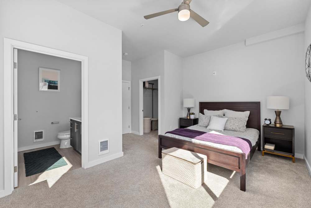 Bedroom with attached bathroom at The Highlands at Silverdale in Silverdale, Washington