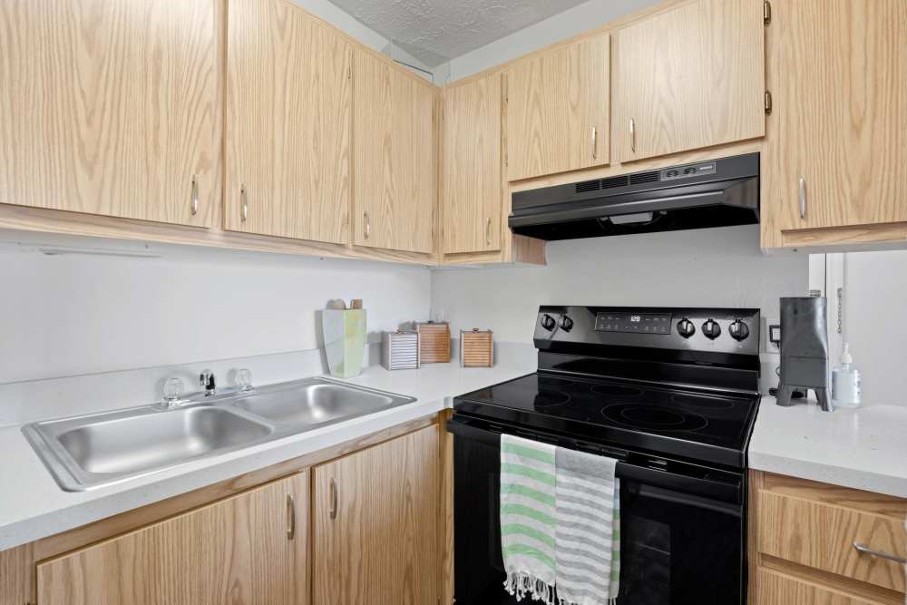 Kitchen with range, hood, sink and storage spaces at Carlton Arms Of South Lakeland in Lakeland, Florida