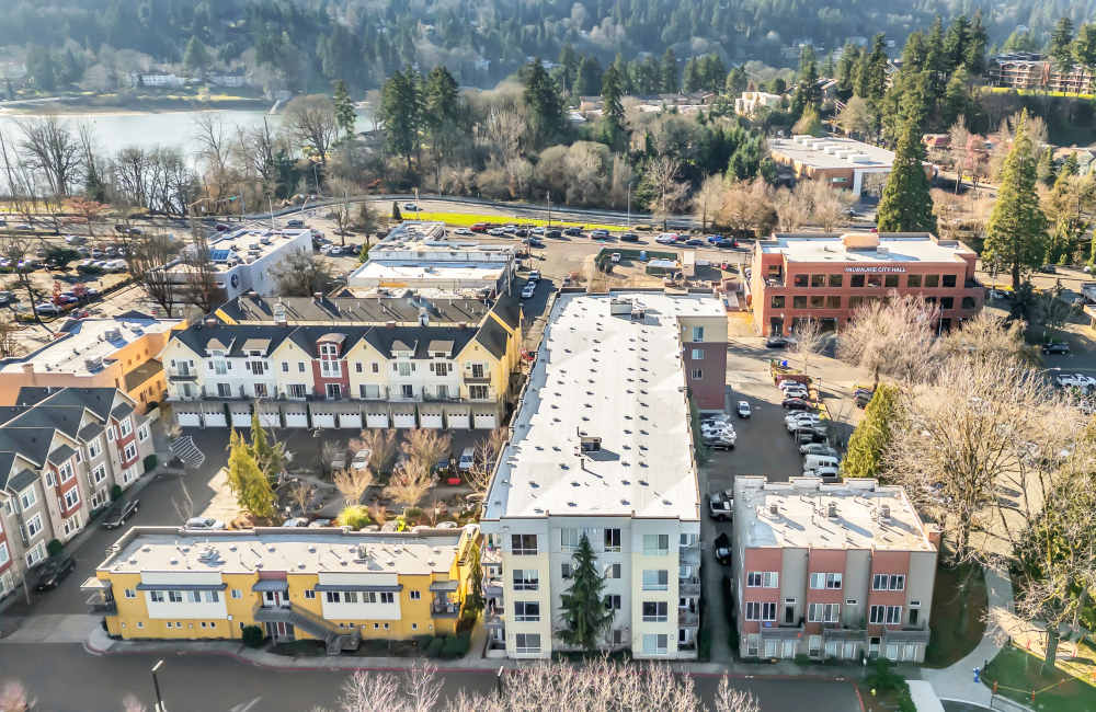 Aerial view of a community at North Main Village in Milwaukie, Oregon