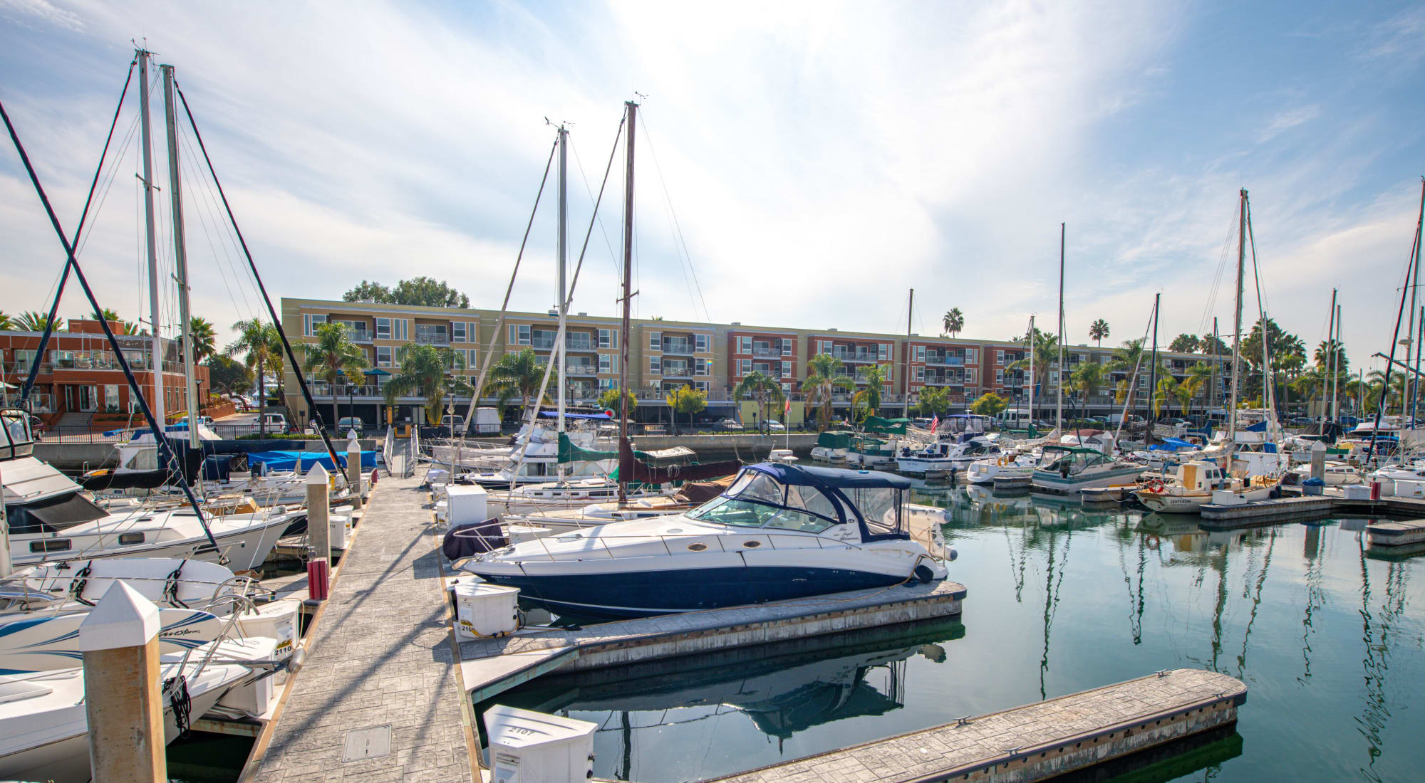 The pool overlooking the harbor at Harborside Marina Bay Apartments in Marina del Rey, California