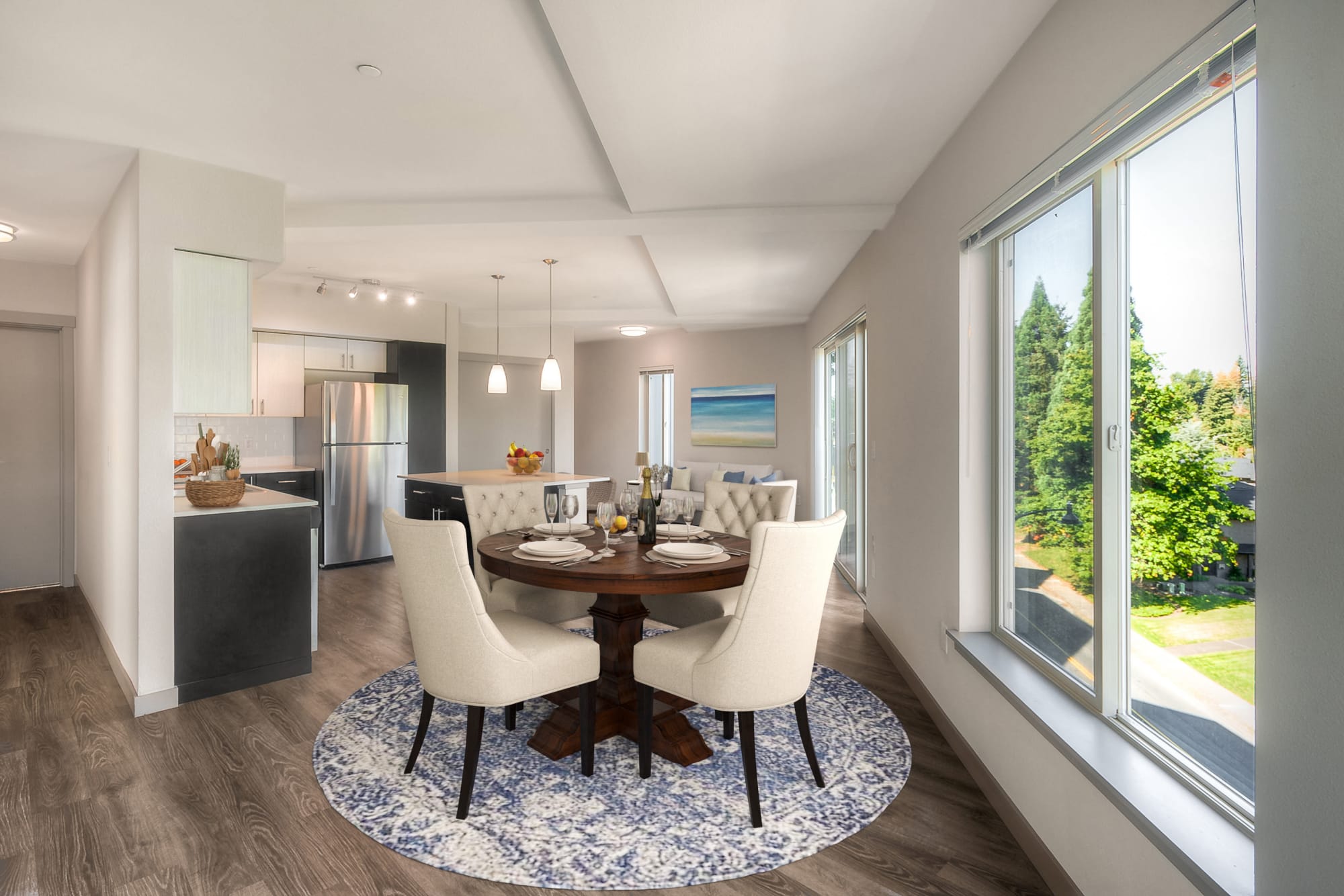 Hardwood flooring on display at this apartment at Tria Apartments in Newcastle, Washington