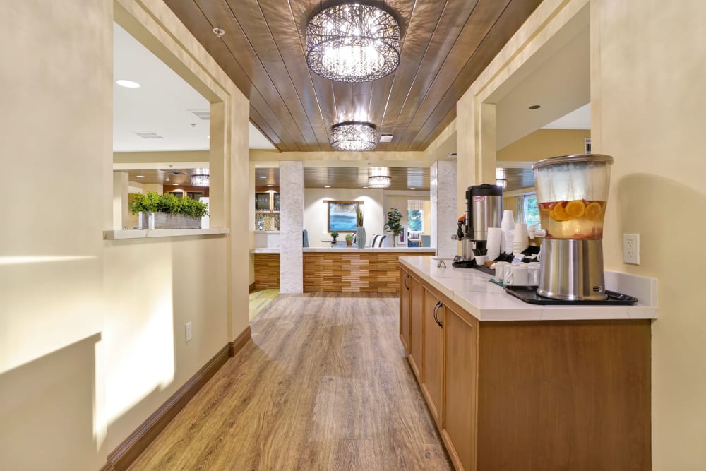 Refreshments for residents in lounge area at The Montera in La Mesa, California