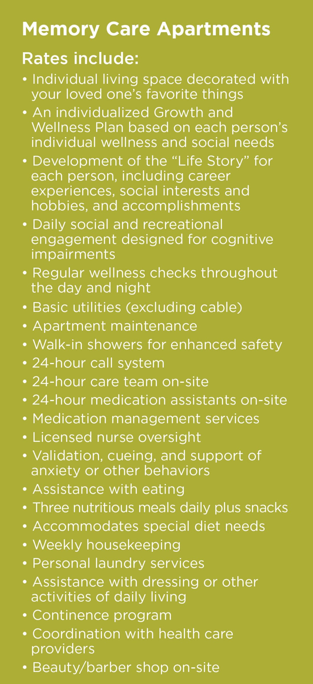 Whats included in memory care rates at GreenTree at Mt. Vernon in Mt. Vernon, Illinois
