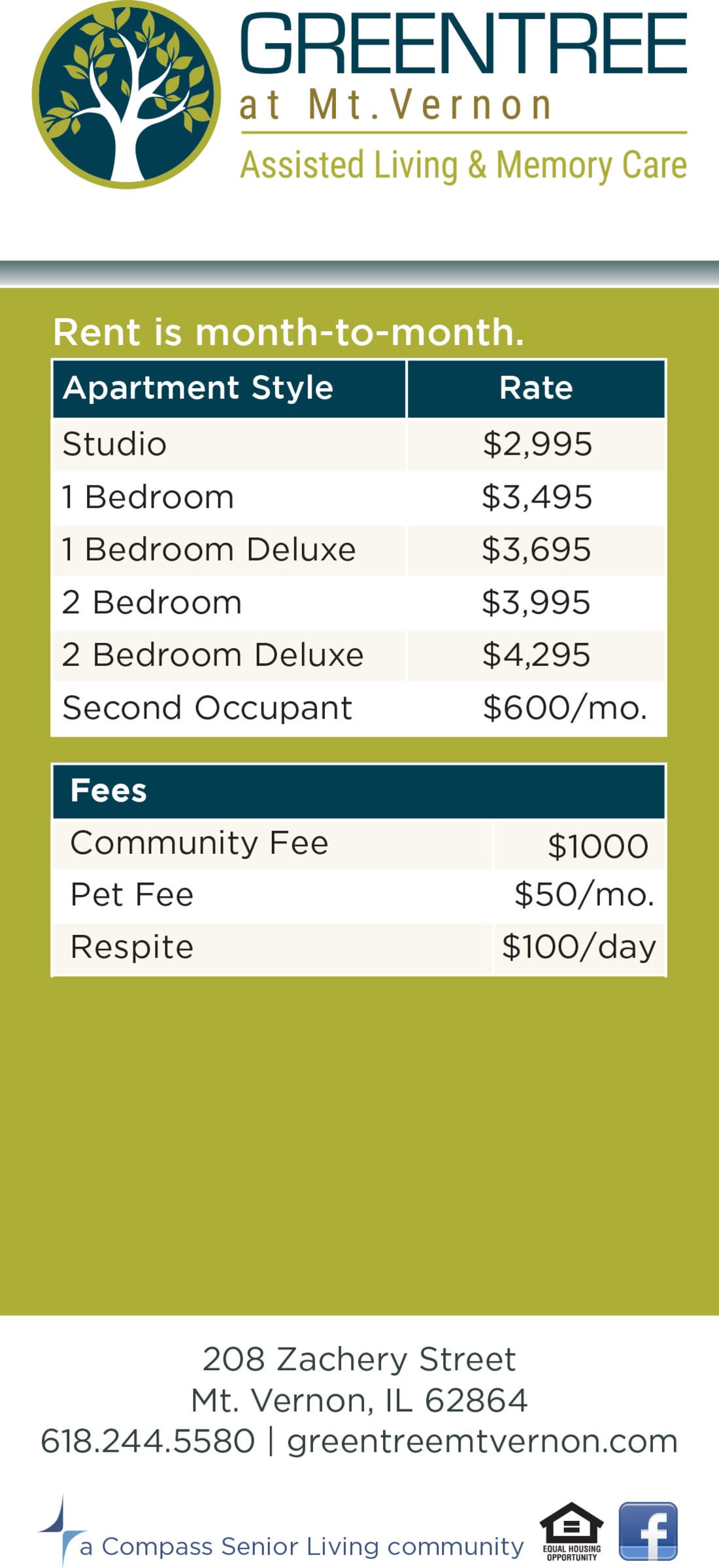 Assisted living rates at GreenTree at Mt. Vernon in Mt. Vernon, Illinois