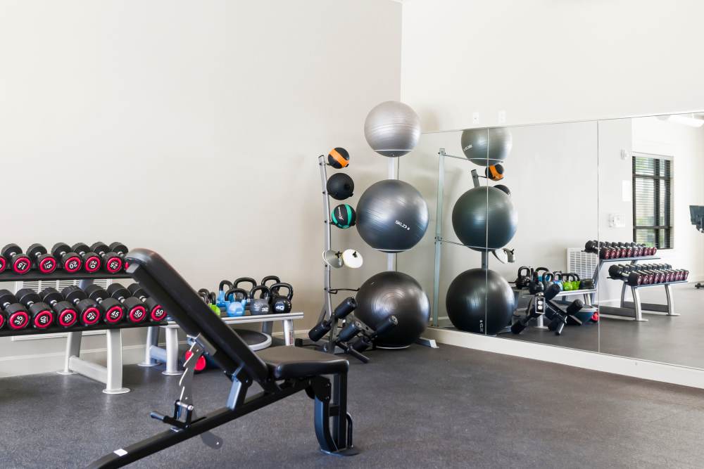 Modern gym at Boulders at Overland Park Apartments in Overland Park, KS