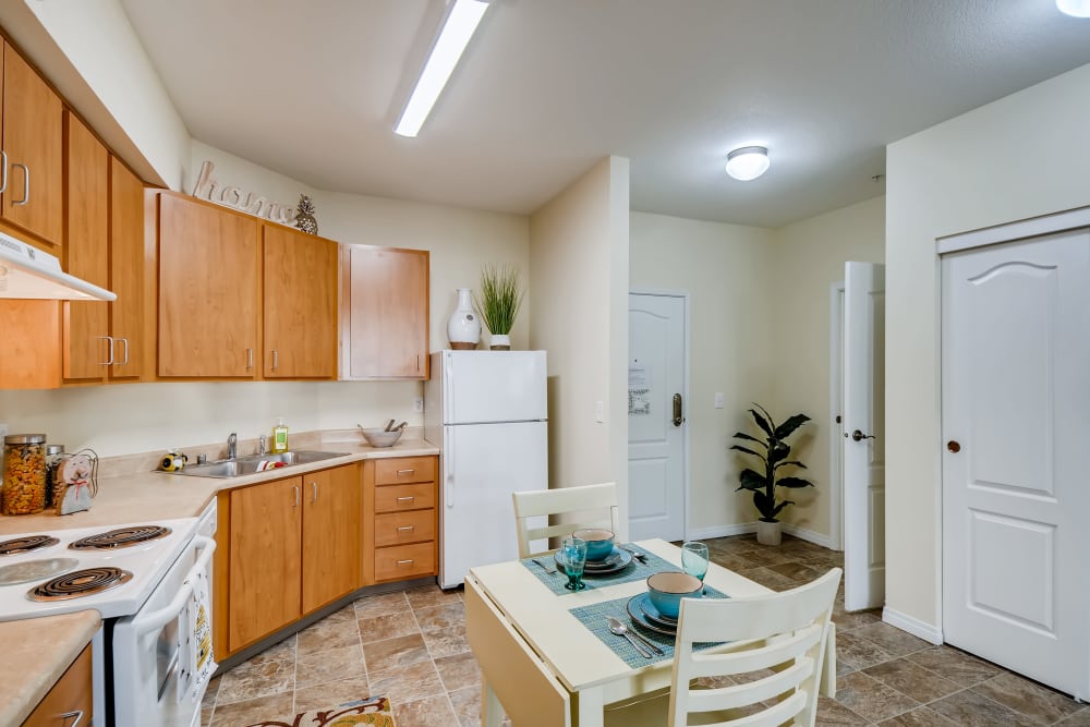 Senior apartment kitchen with nice appliances at Vancouver Pointe in Vancouver, Washington.