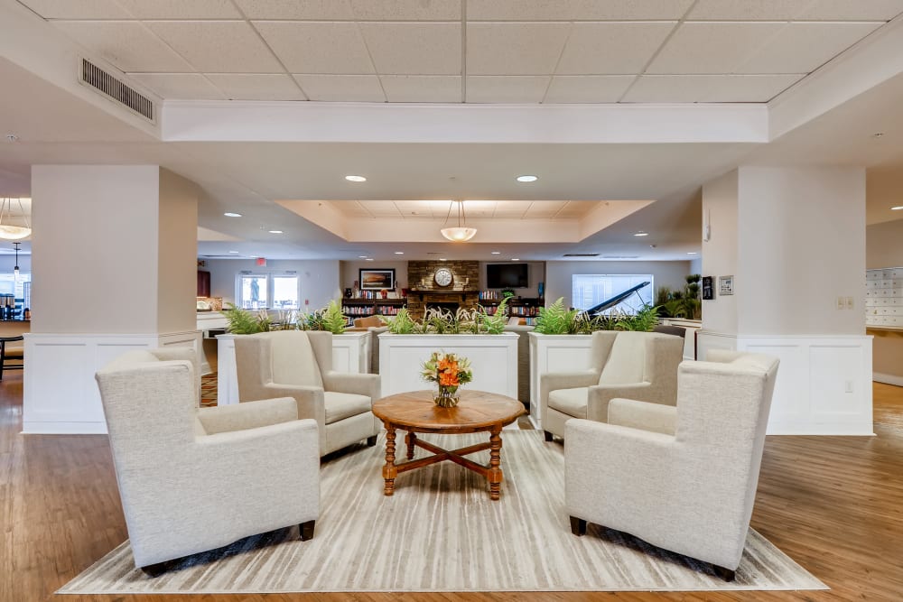 Seating area for residents to socialize atVancouver Pointe in Vancouver, Washington.