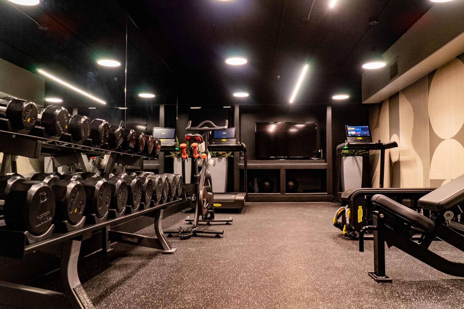 Organized gym with dumbbells, bike, treadmills at Luxe Villas in Brentwood, California