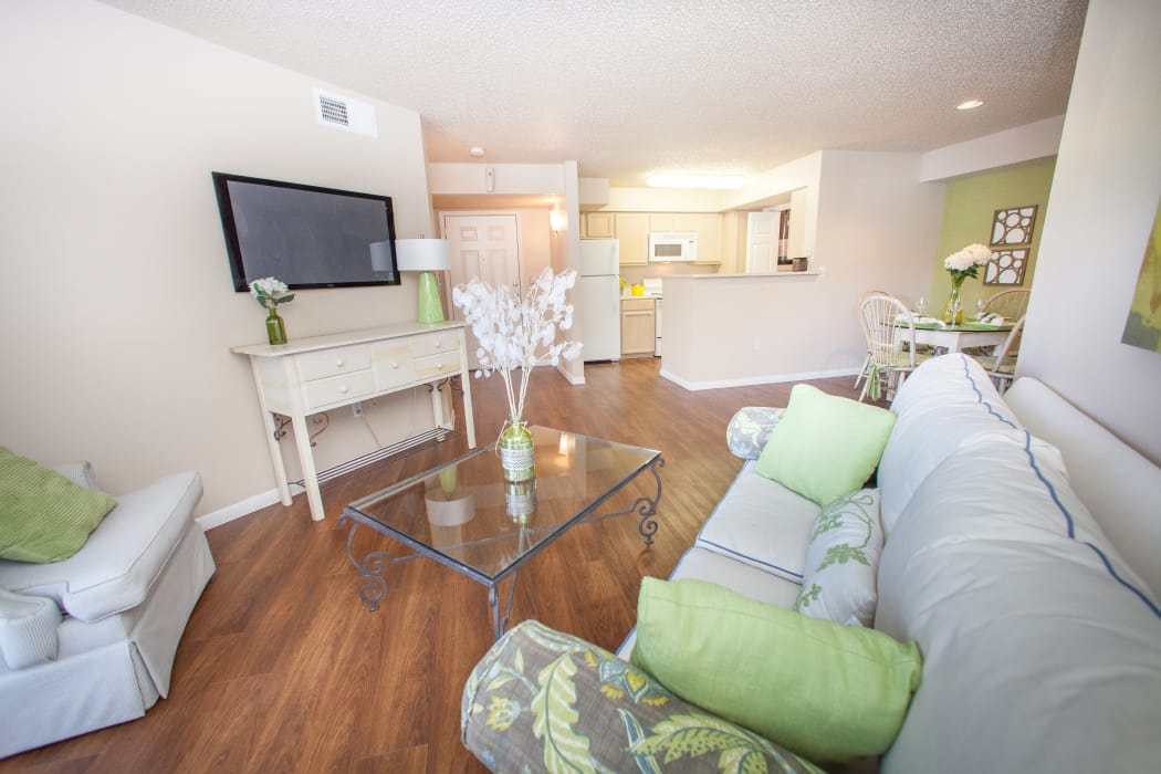 Open-concept floor plan with hardwood floors in model home at Ashley Oaks in San Antonio, Texas