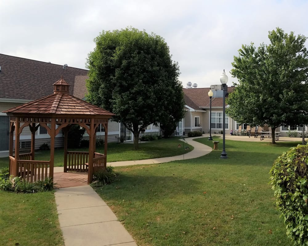 Walking path and gazebo on grounds at Clover Ridge Place in Maquoketa, Iowa.