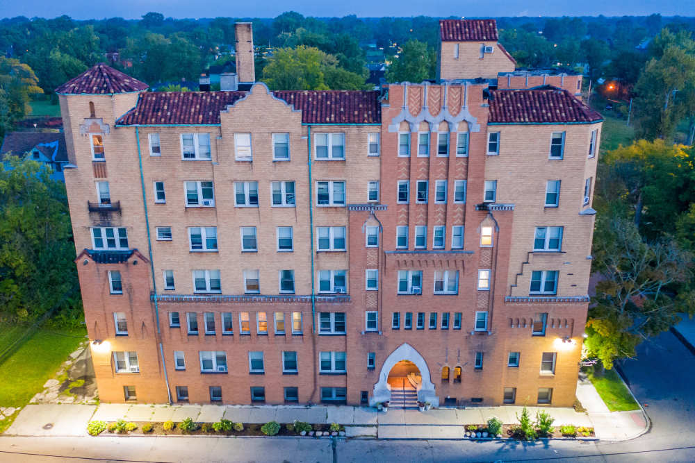 Property exterior in the evening at Detroit Living in Detroit, Michigan