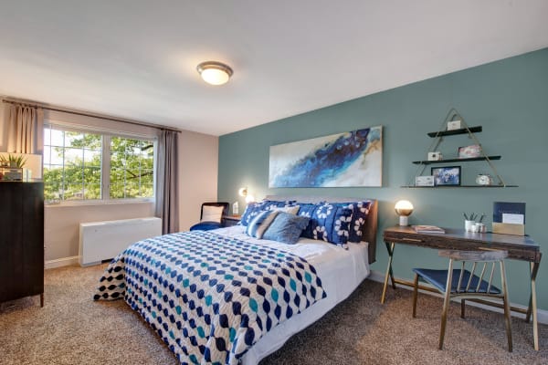 A model bedroom in an apartment at Braddock Lee Apartments in Alexandria, Virginia