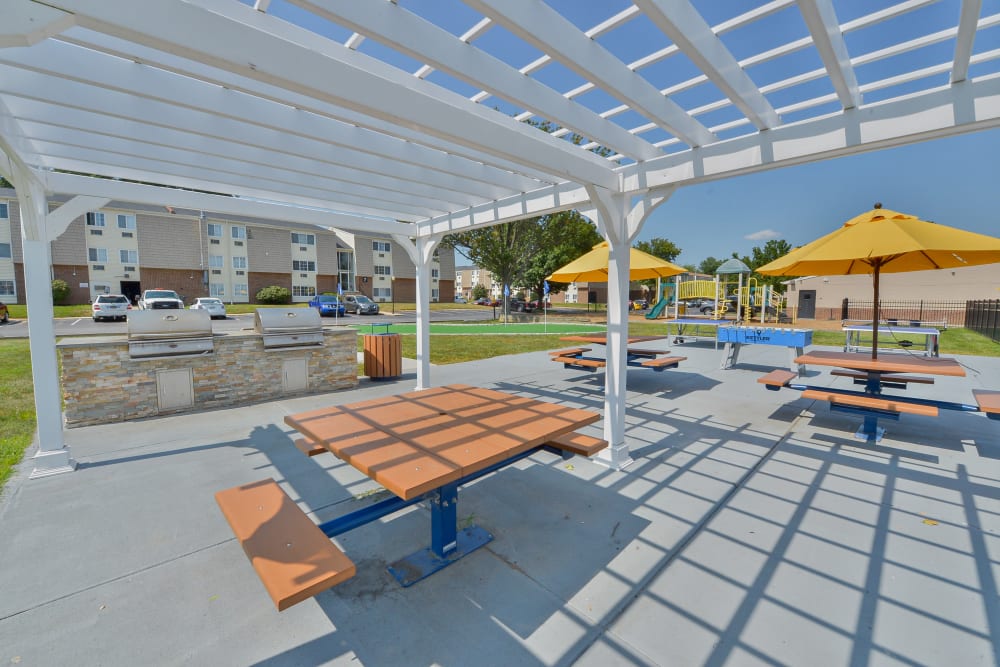 Grilling stations and picnic area at William Penn Village Apartment Homes in New Castle, Delaware