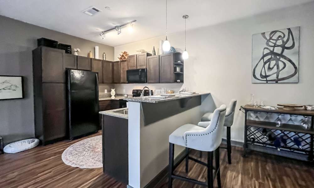 Granite countertops and energy-efficient appliances in a model home's kitchen at District 119 in Oklahoma City, Oklahoma