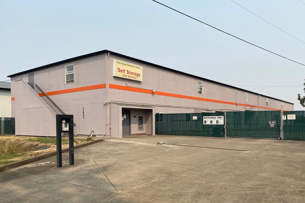 The front entrance and gated entry keypad at South Albany Self Storage in Tangent, Oregon