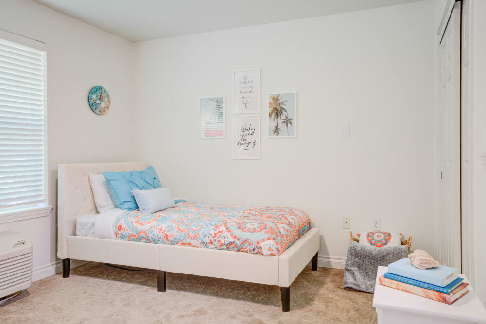 A bedroom in an apartment at Evergreen Senior Living in Eugene, Oregon. 