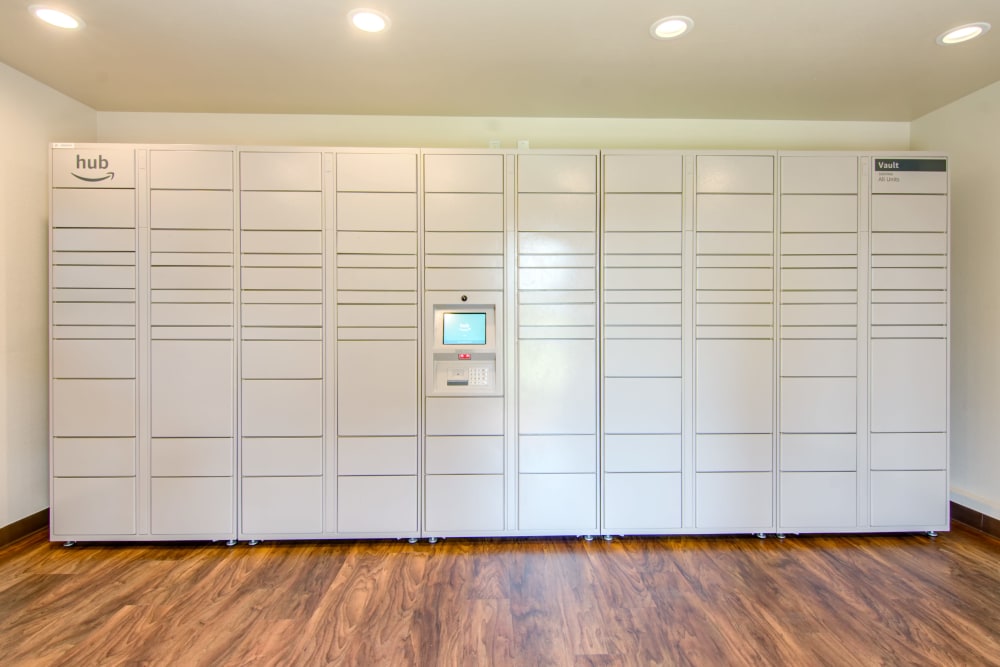 The convenient package room at Lakeview Village Apartments in Spring Valley, California