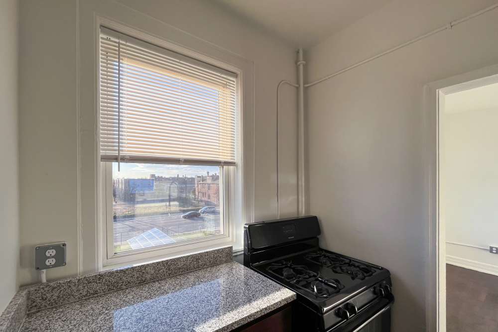 Kitchen and stove at Detroit Living in Detroit, Michigan