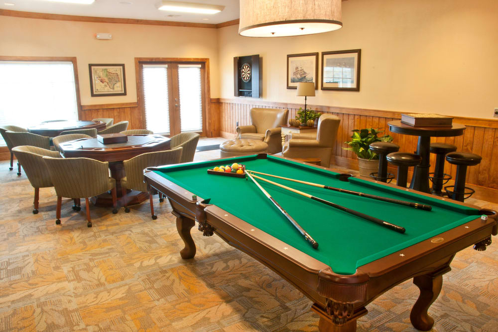 A billiards table in the resident lounge at Mariposa at Bay Colony in Dickinson, Texas