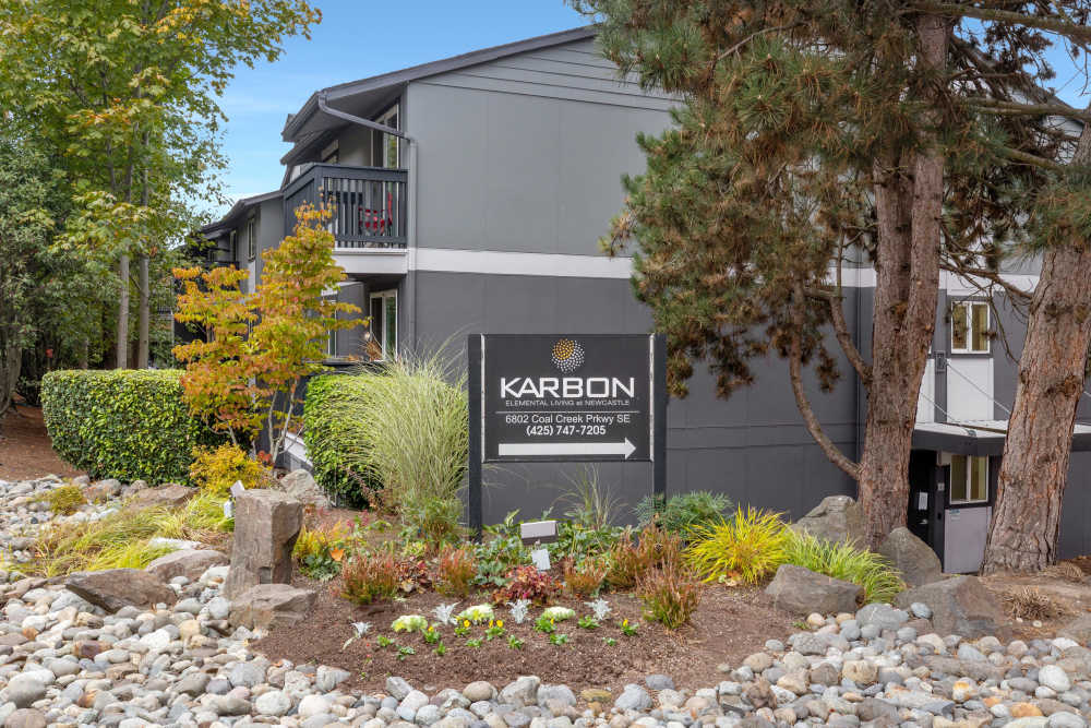 Monument sign at Karbon Apartments in Newcastle, Washington