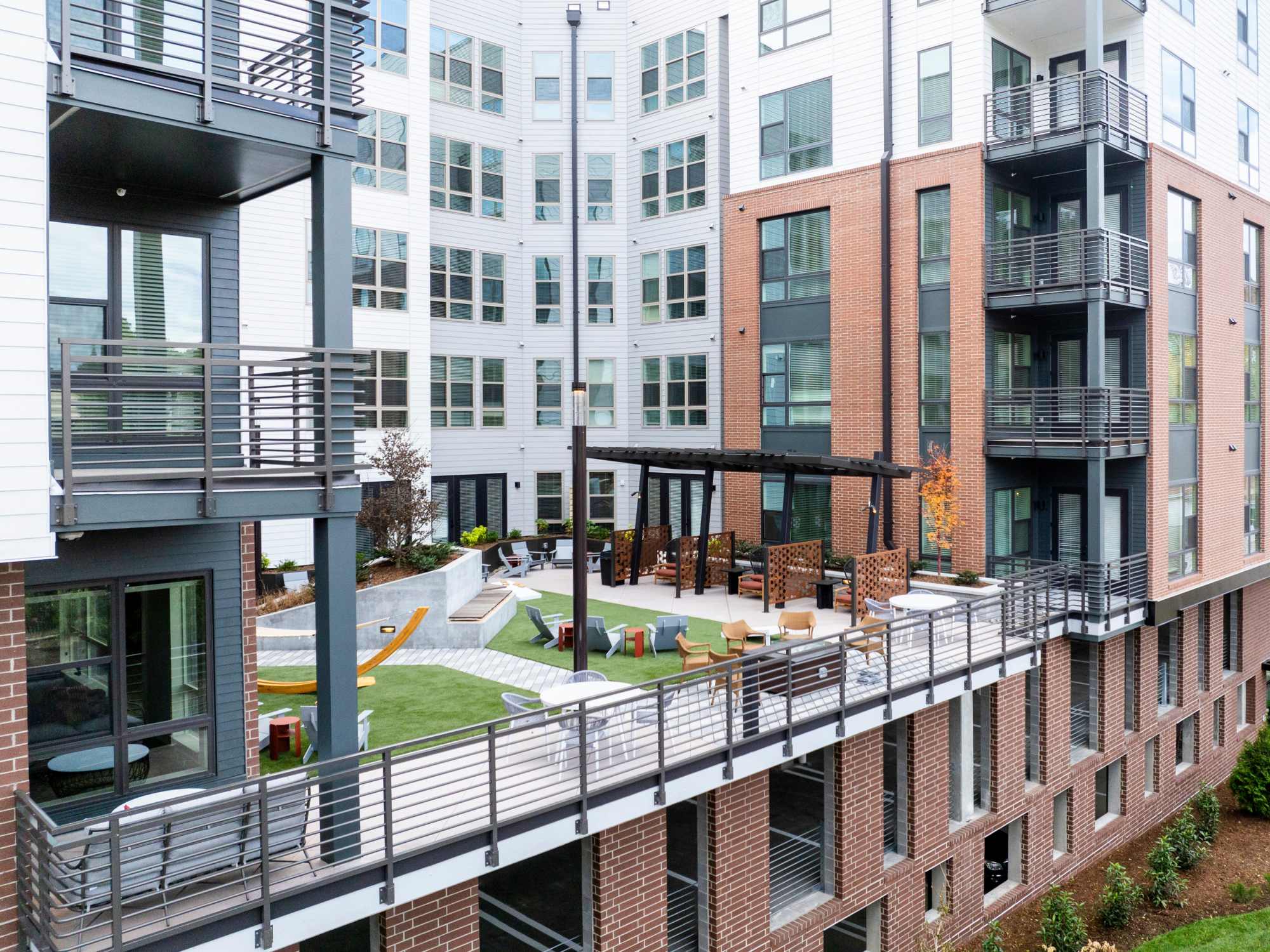 Apartments overlooking the courtyard at Terrazzo in Durham, North Carolina