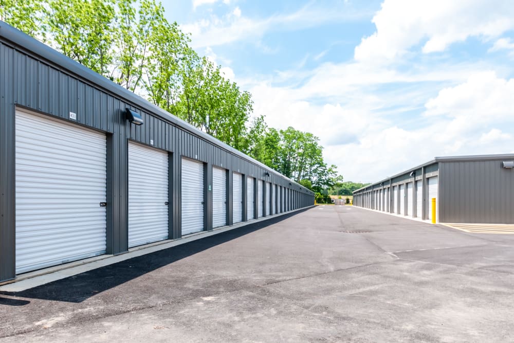 Multiple buildings with outdoor access storage units at Metro Self Storage in Mount Laurel