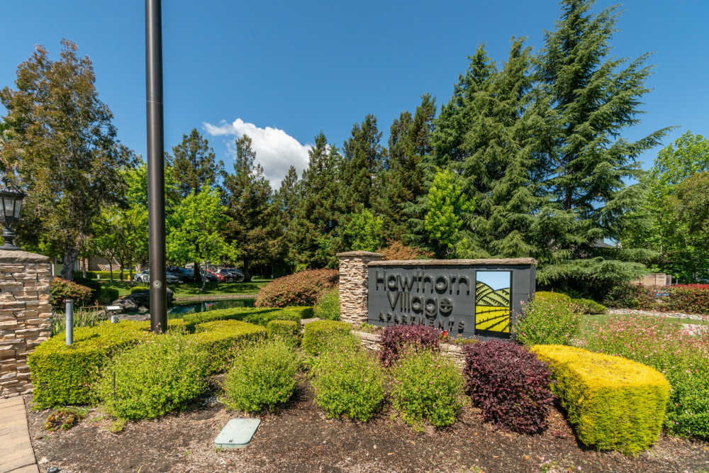 Monument signage at Hawthorn Village Apartments in Napa, California