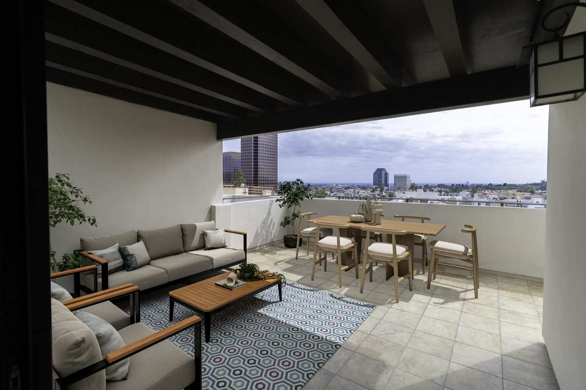 Roof top deck with seating area  at Luxe Villas in Brentwood, California
