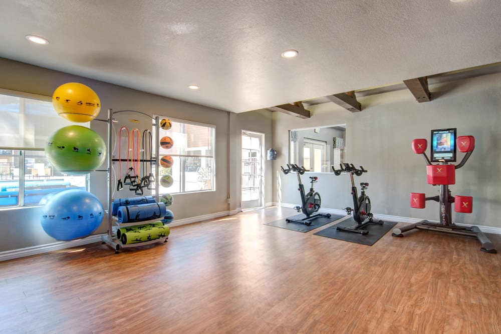 The fitness on demand room complete with a boxing machine at Terra Nova Villas in Chula Vista, California