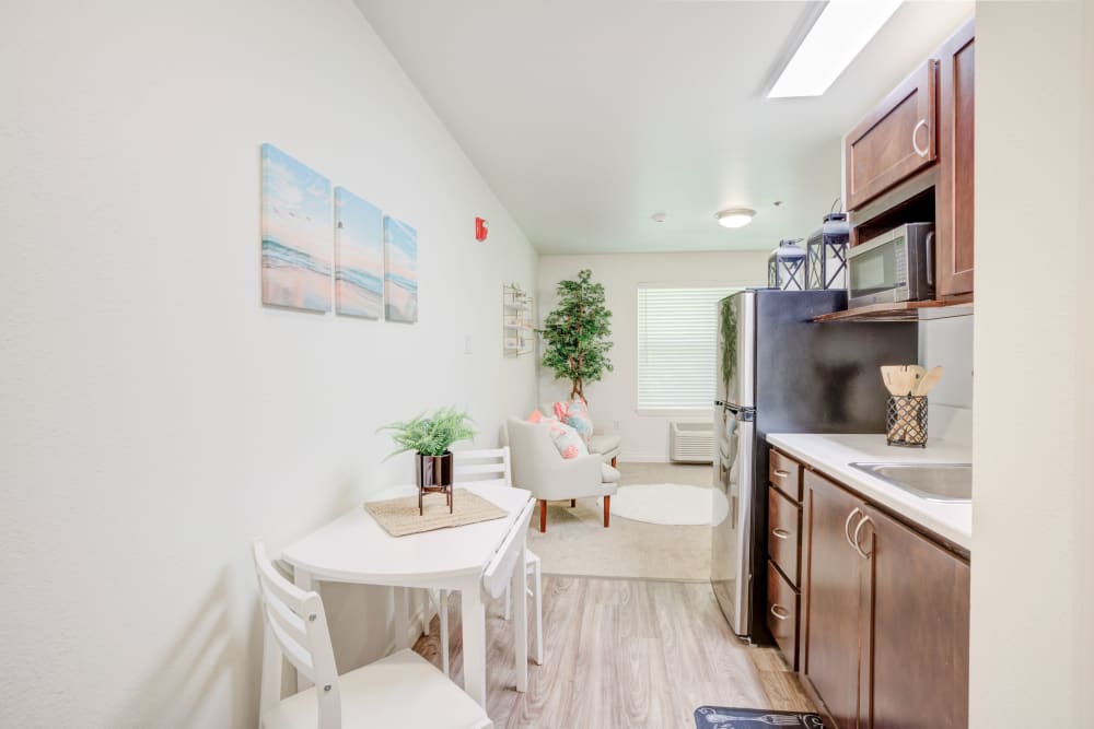 A kitchen in an apartment at Evergreen Senior Living in Eugene, Oregon. 