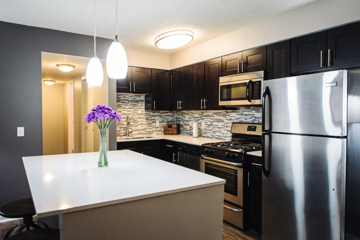 Modern apartment kitchen at Fox and Hounds Apartments in Columbus, Ohio