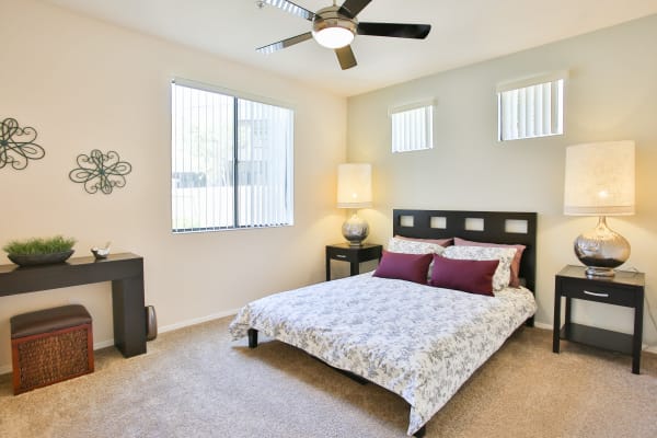 Master bedroom with ceiling fan at Spectra on 7th South in Phoenix, Arizona