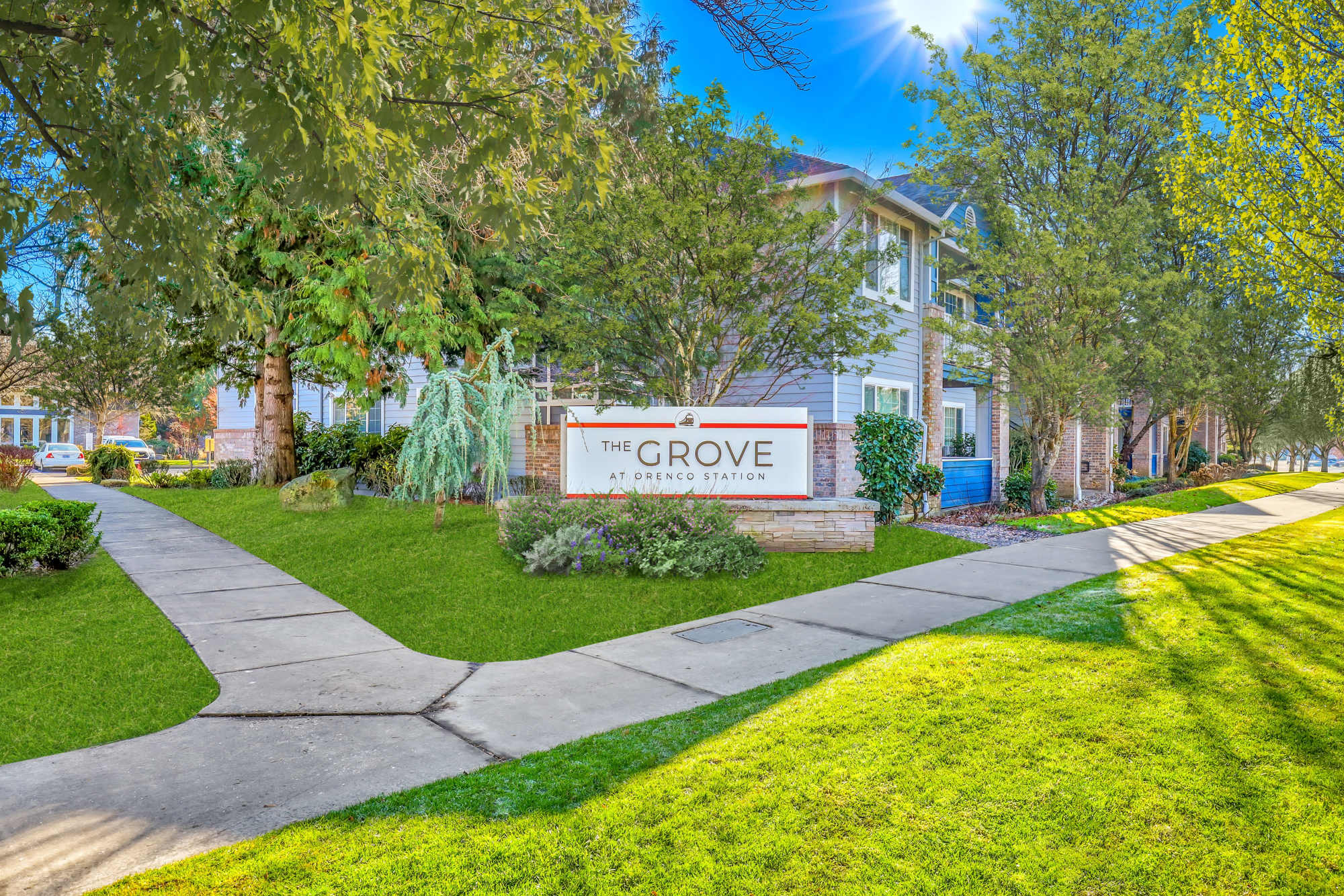 Apartment property signage at The Grove at Orenco Station in Hillsboro, Oregon