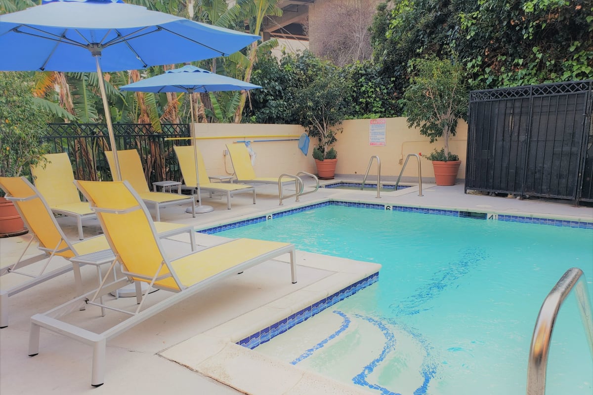 Pool with yellow lounge chairs and blue umbrellas at Ariel Court, Los Angeles, California