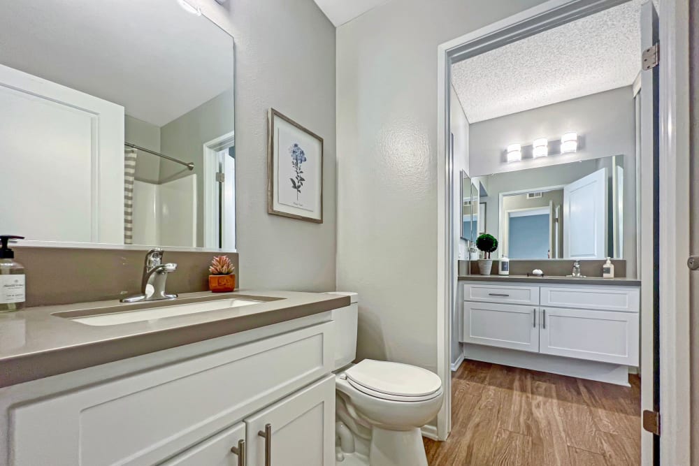 A modern bathroom at Portofino Townhomes in Wilmington, California